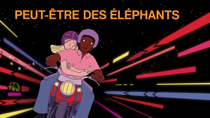 Visuel du film Peut-être des éléphants. Deux personnes sur une moto de face. Éléments lumineux donnant une impression de vitesse dans la nuit.