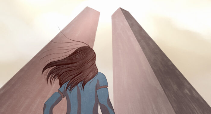 L'illustration d'une femme de dos, les bras coupés face à deux monolithes en contre-plongé.